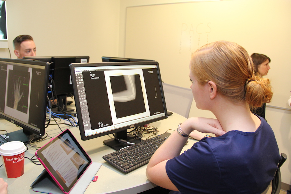 A female radiologic technology 快播成人 views an x-ray displayed on a computer monitor
